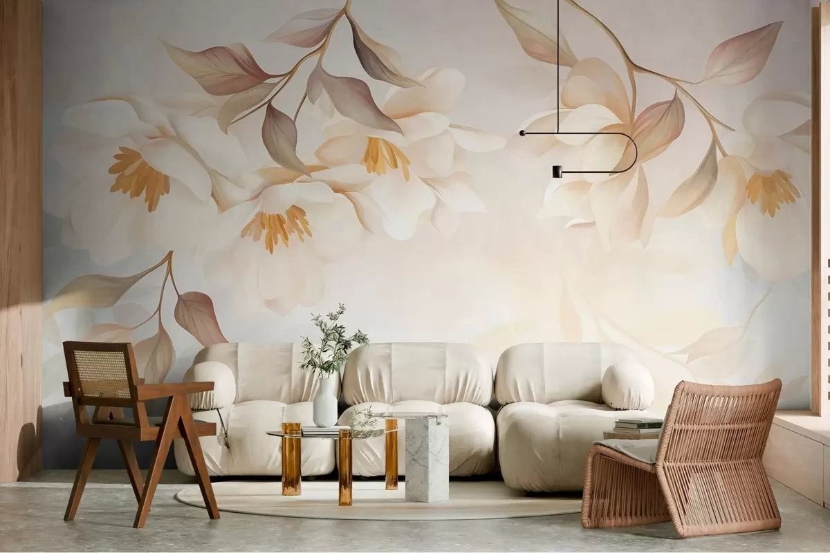 carta da parati Fiori di magnolia con delicate foglie marroni che pendono dai rami nr. w10086