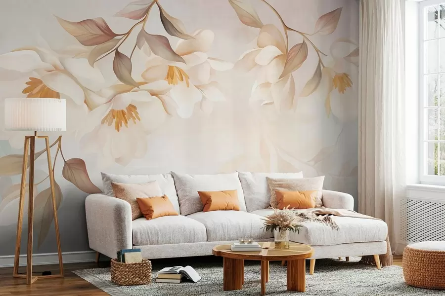 Carta da parati Floreale Fiori di magnolia con delicate foglie marroni che pendono dai rami n. w10086