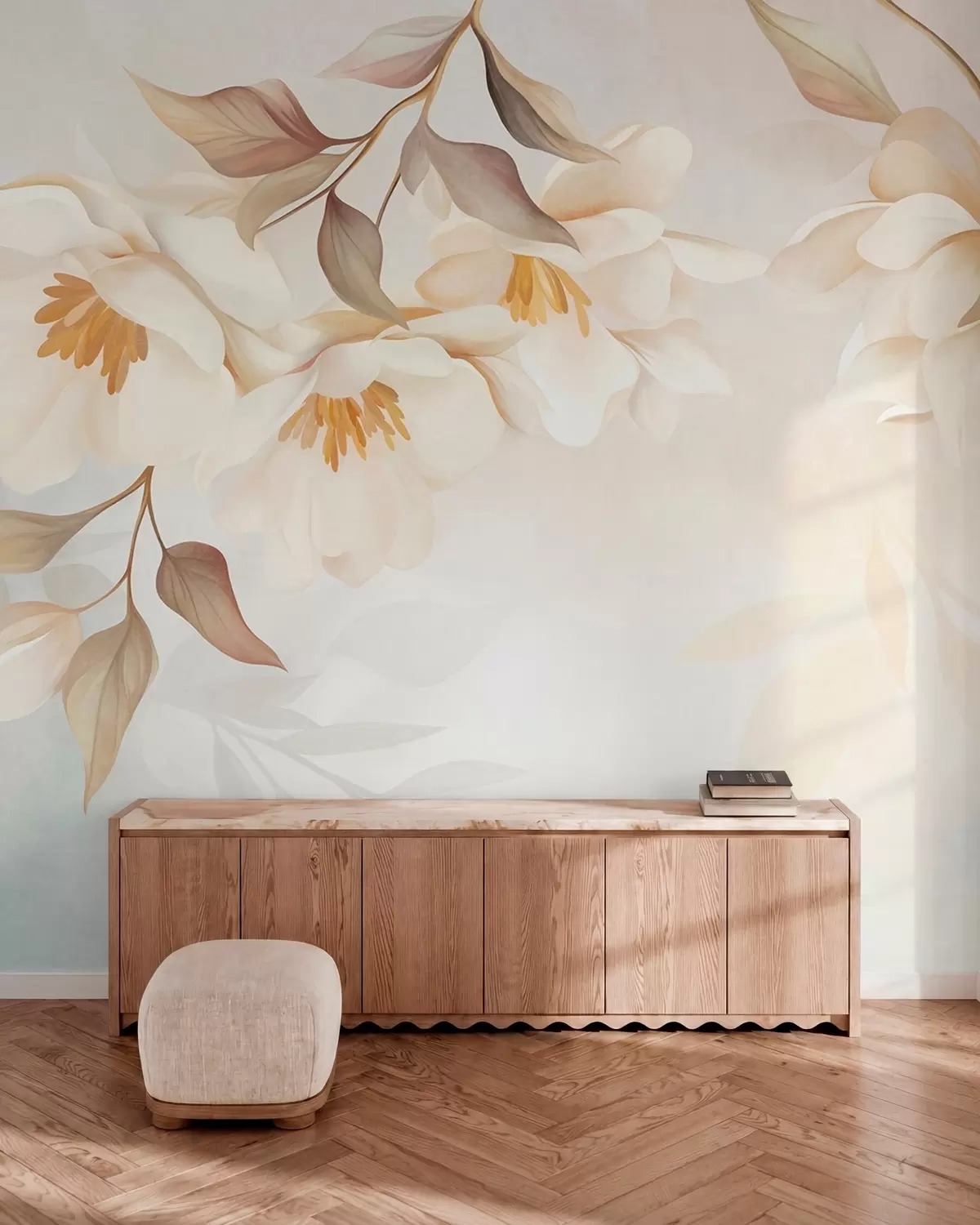 carta da parati Fiori di magnolia con delicate foglie marroni che pendono dai rami nr. w10086