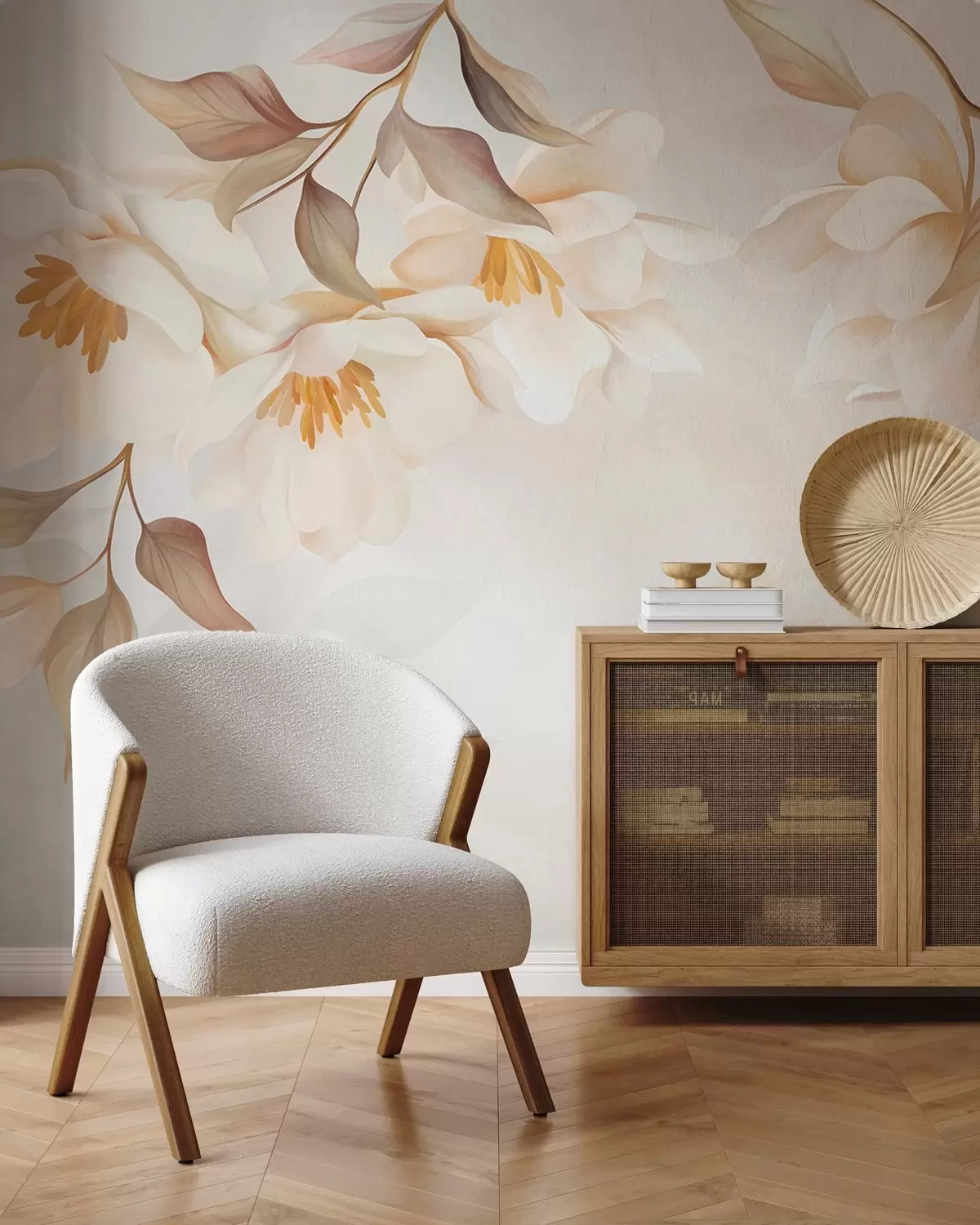 carta da parati Fiori di magnolia con delicate foglie marroni che pendono dai rami nr. w10086