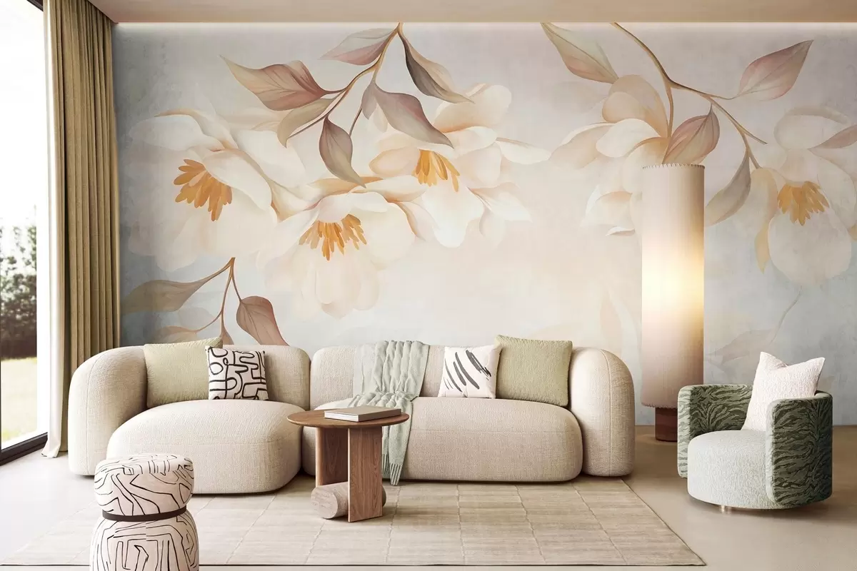 carta da parati Fiori di magnolia con delicate foglie marroni che pendono dai rami nr. w10086