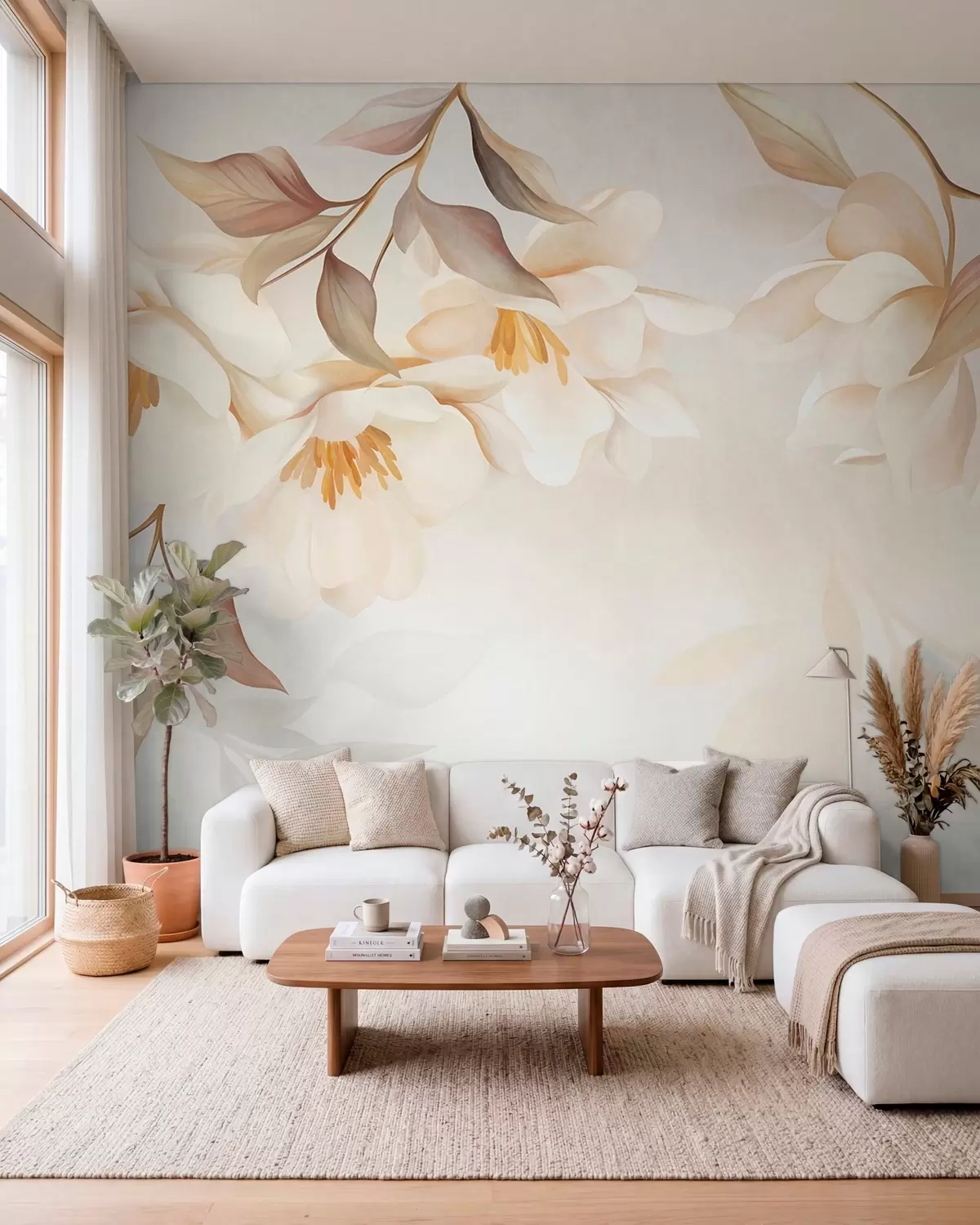 carta da parati Fiori di magnolia con delicate foglie marroni che pendono dai rami nr. w10086