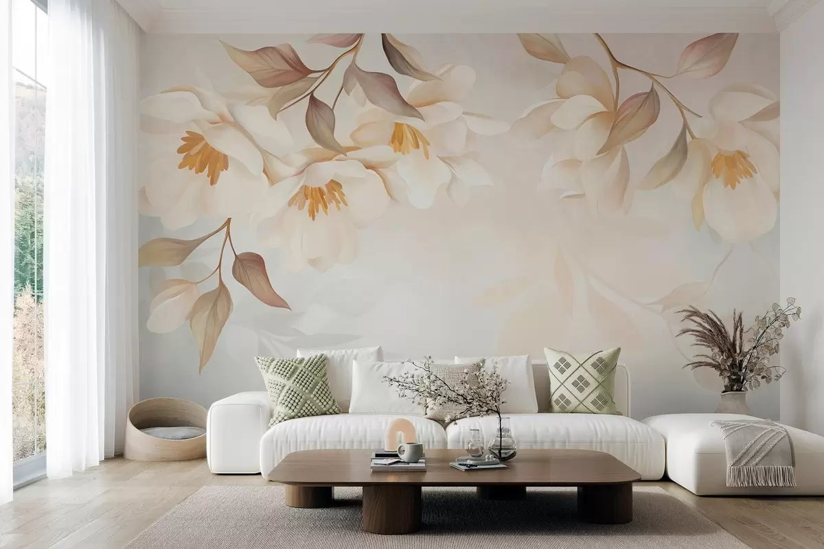 carta da parati Fiori di magnolia con delicate foglie marroni che pendono dai rami nr. w10086