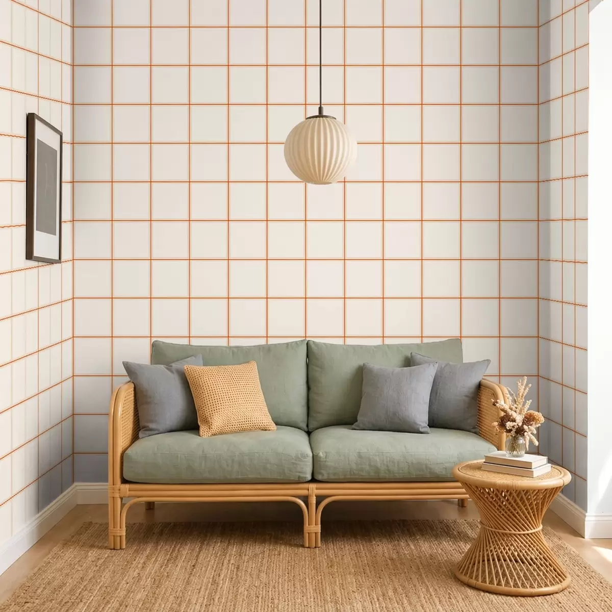 Carta da parati Griglia composta da nove quadrati beige con bordi color terracotta a01277