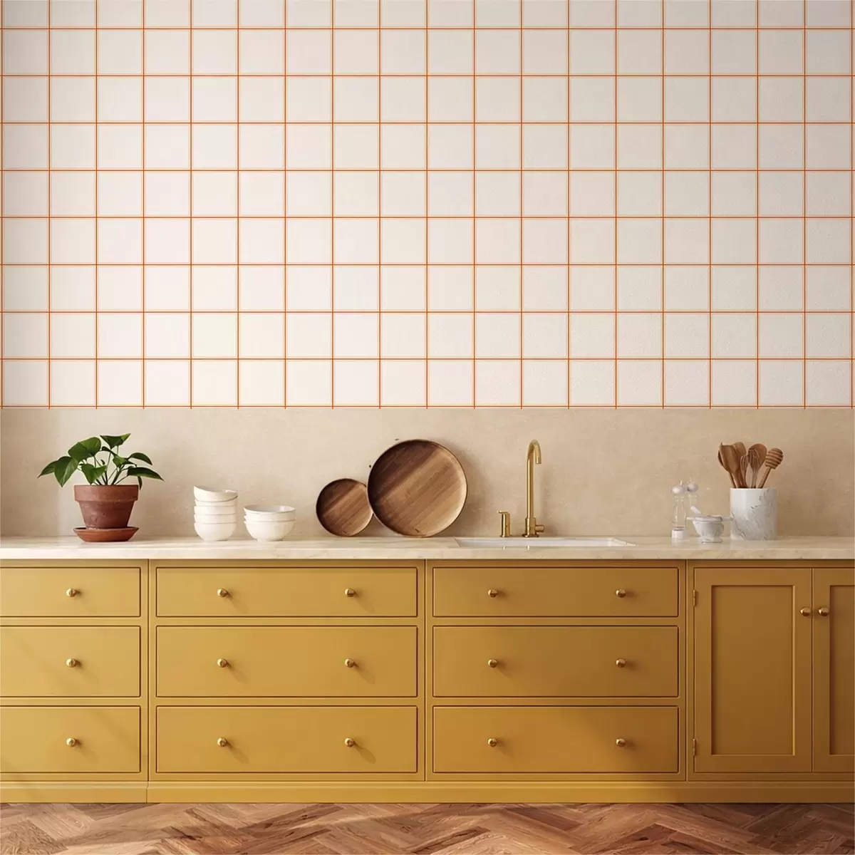 Carta da parati Griglia composta da nove quadrati beige con bordi color terracotta a01277