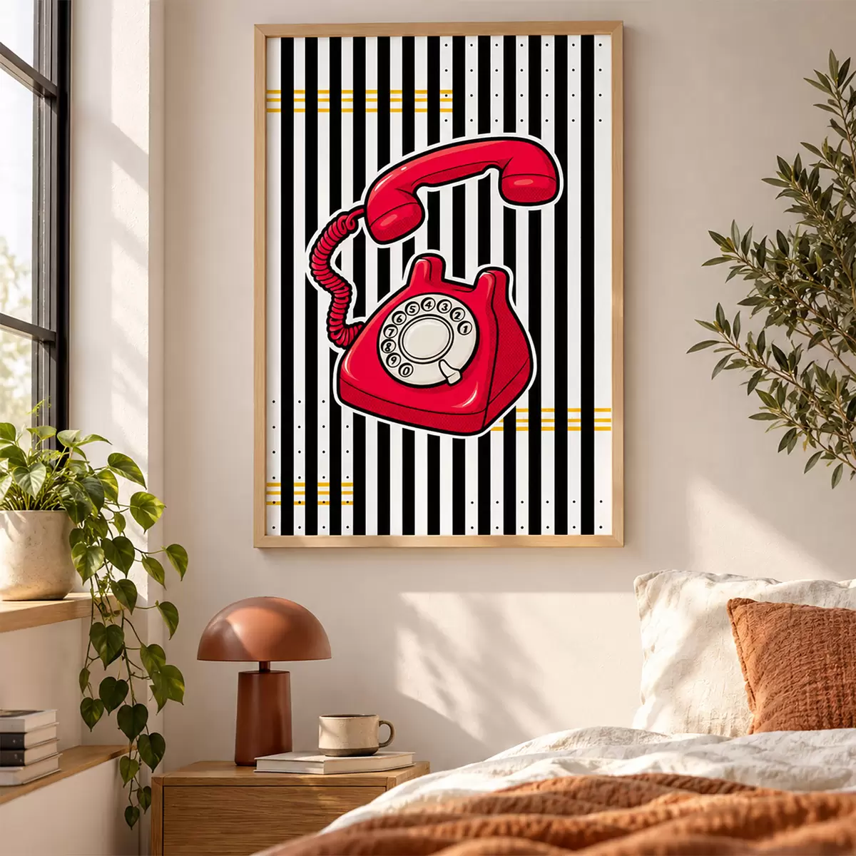 Poster Telefono rosso in stile retrò su sfondato a strisce larghe f50784
