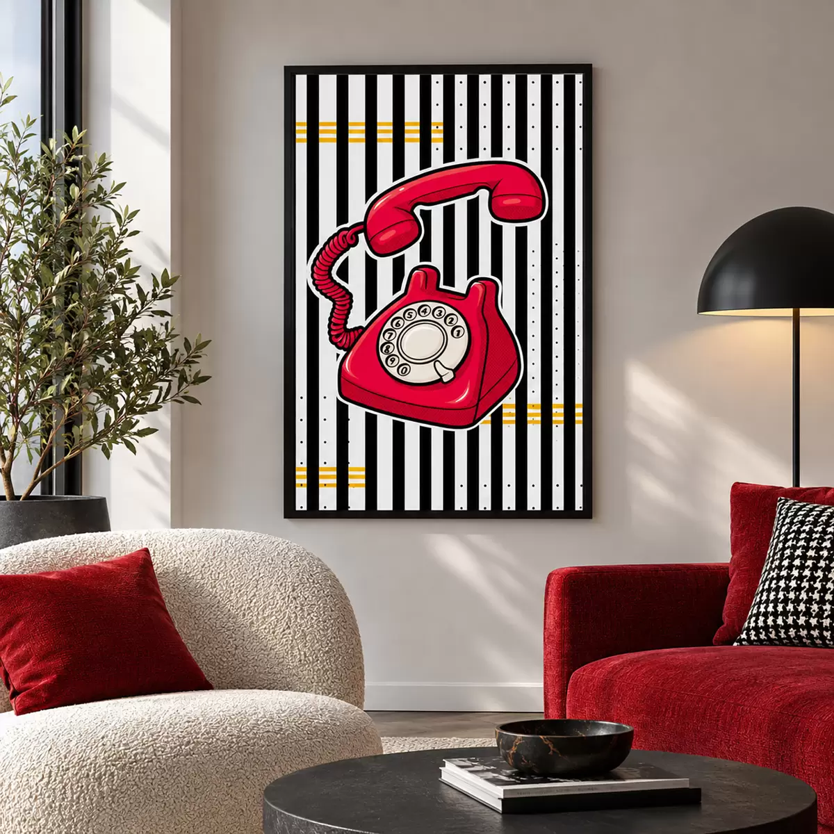 Poster Telefono rosso in stile retrò su sfondato a strisce larghe f50784