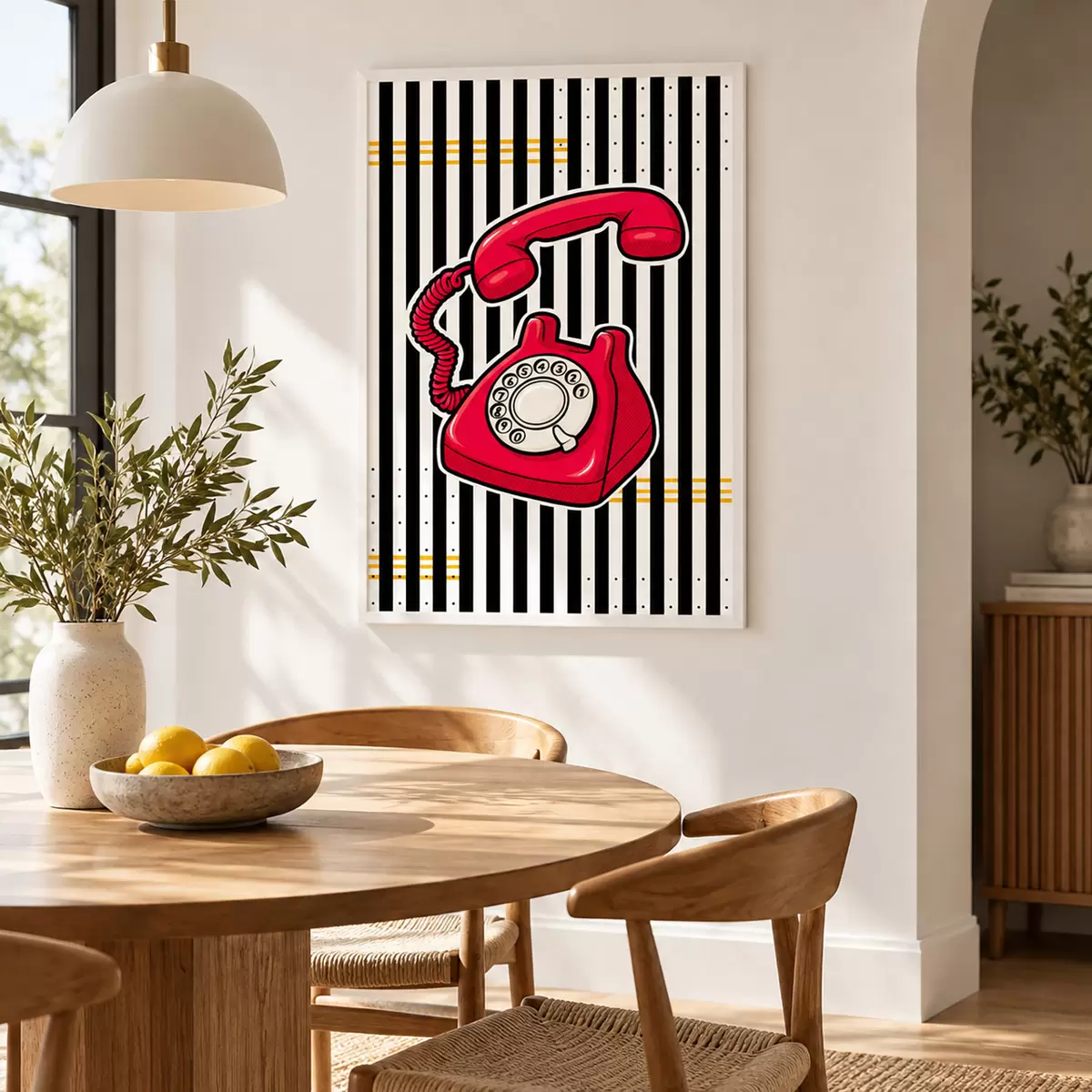 Poster Telefono rosso in stile retrò su sfondato a strisce larghe f50784