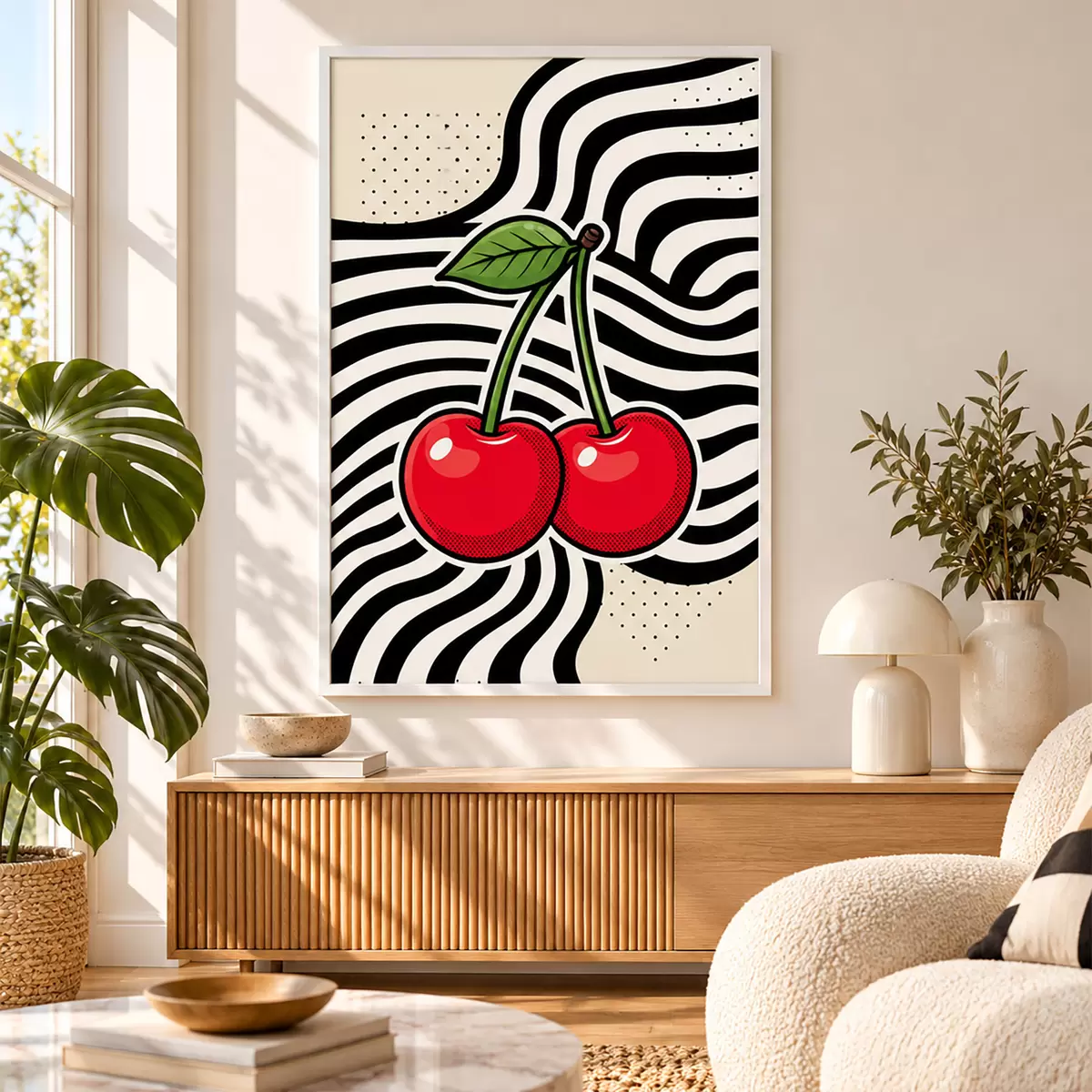 Poster Ciliegie dai colori vivaci su sfondi dai motivi audaci f50787