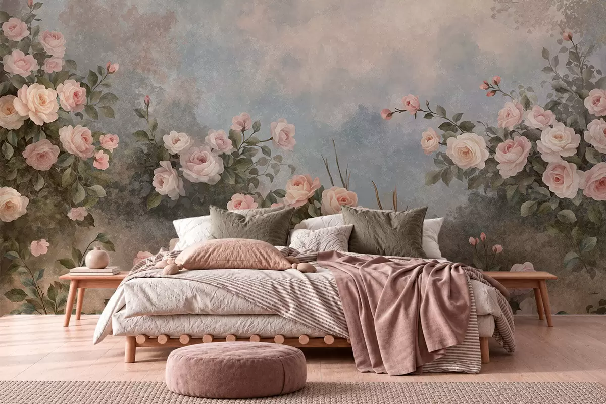 carta da parati Cespugli di rose rosa dai colori intensi su uno sfondo nebbioso nr. w05888