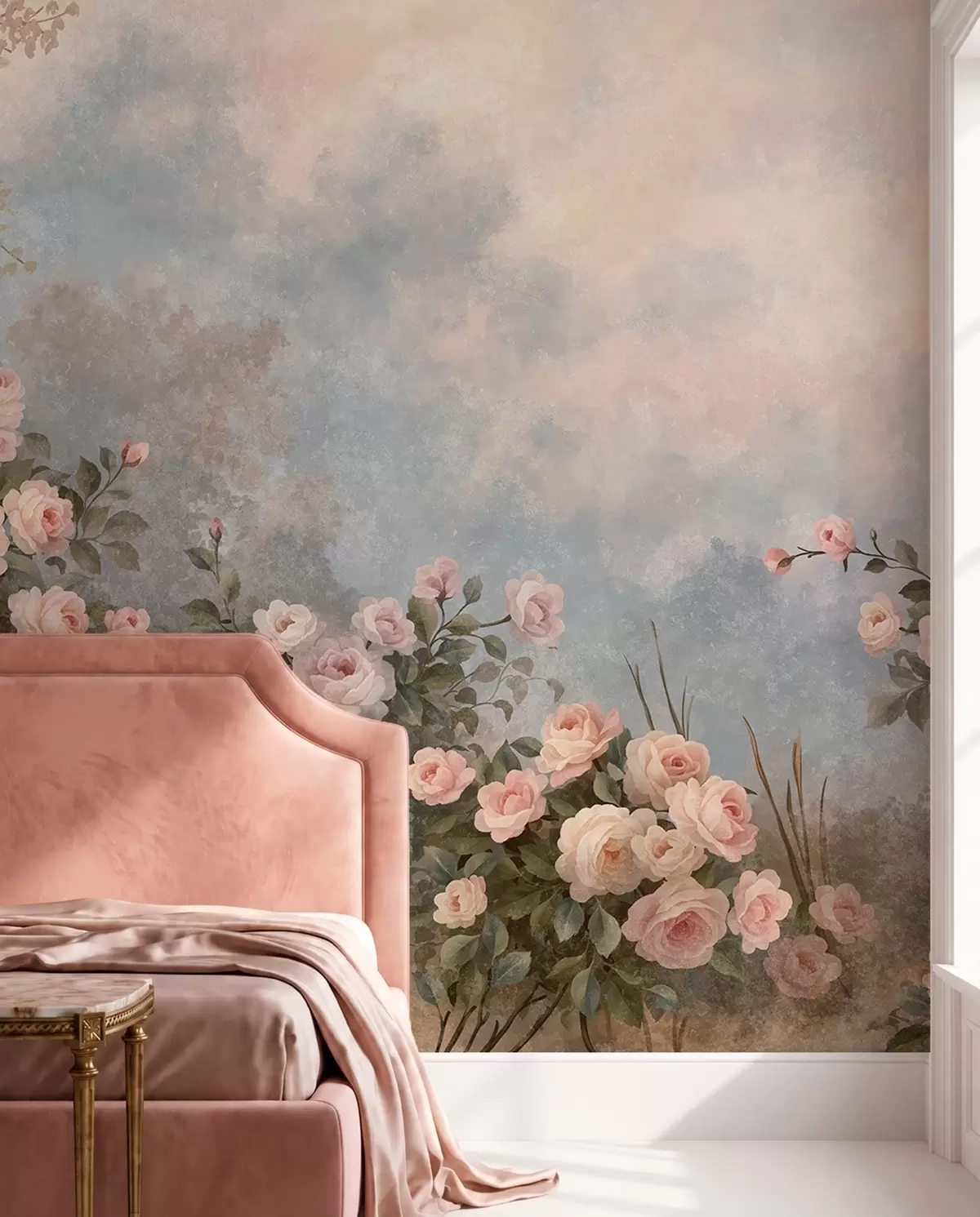 carta da parati Cespugli di rose rosa dai colori intensi su uno sfondo nebbioso nr. w05888
