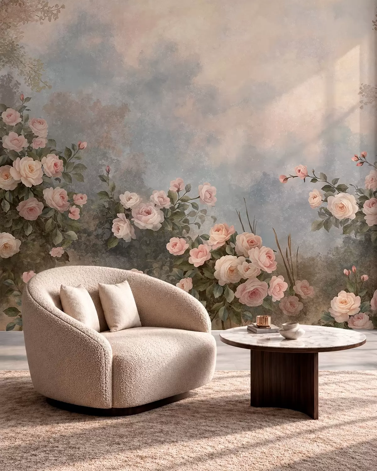 carta da parati Cespugli di rose rosa dai colori intensi su uno sfondo nebbioso nr. w05888