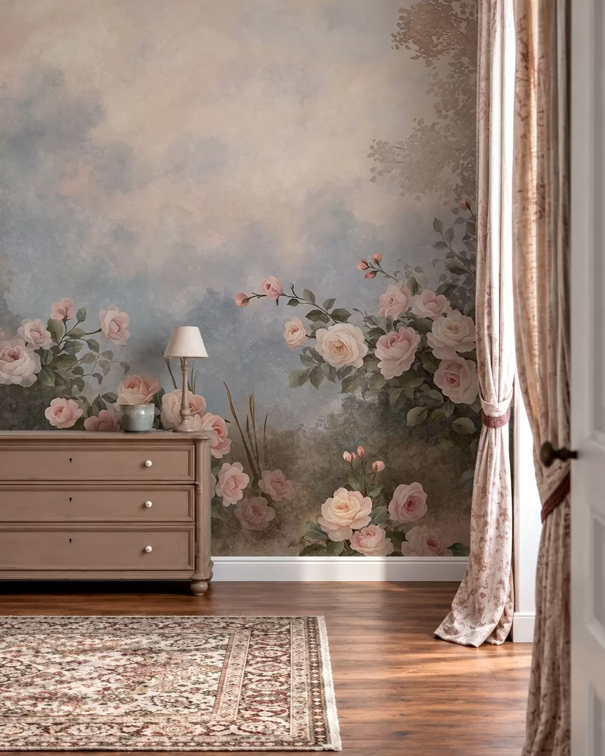 carta da parati Cespugli di rose rosa dai colori intensi su uno sfondo nebbioso nr. w05888