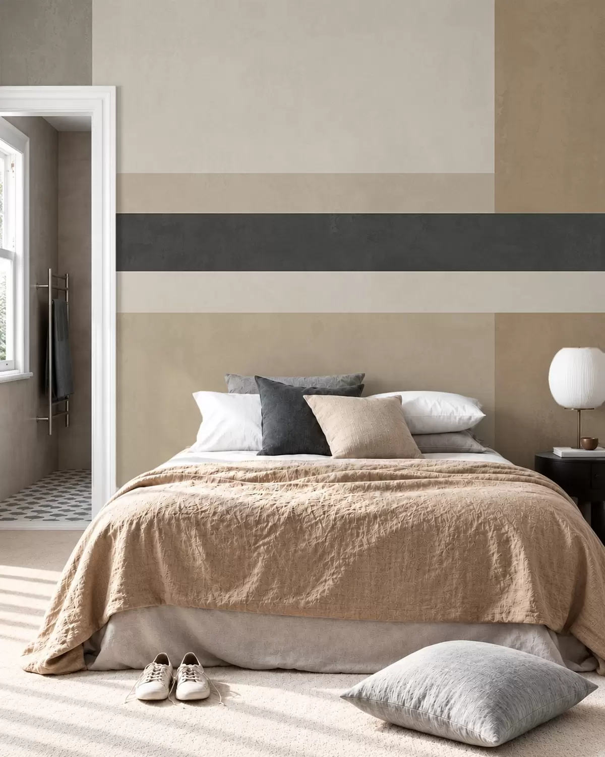 carta da parati Rettangoli astratti in calde tonalità di beige con una striscia scura nr. w05890