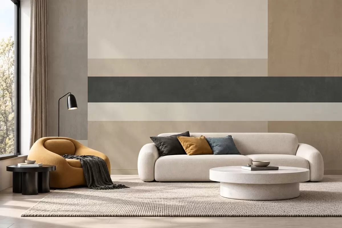 carta da parati Rettangoli astratti in calde tonalità di beige con una striscia scura nr. w05890