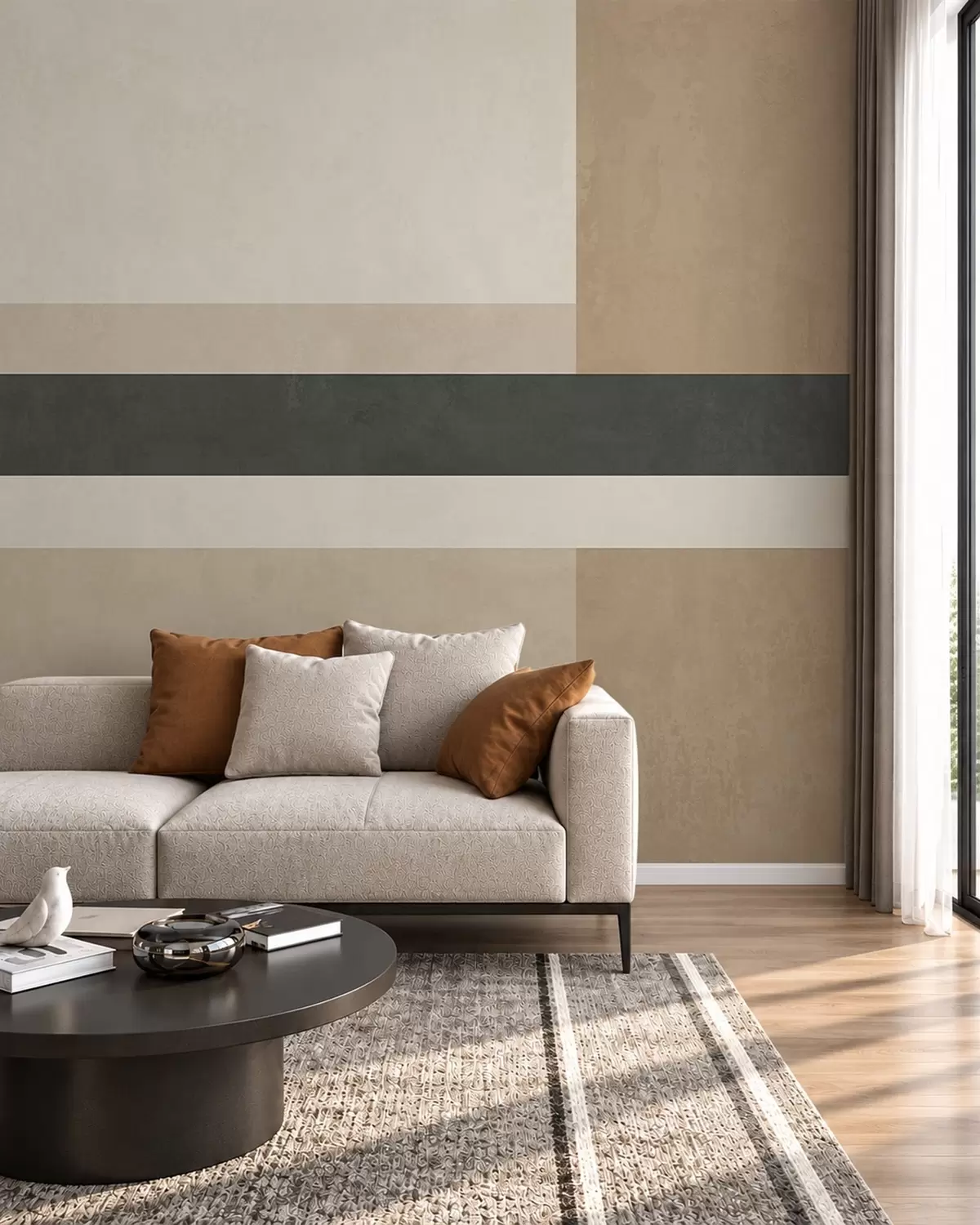 carta da parati Rettangoli astratti in calde tonalità di beige con una striscia scura nr. w05890