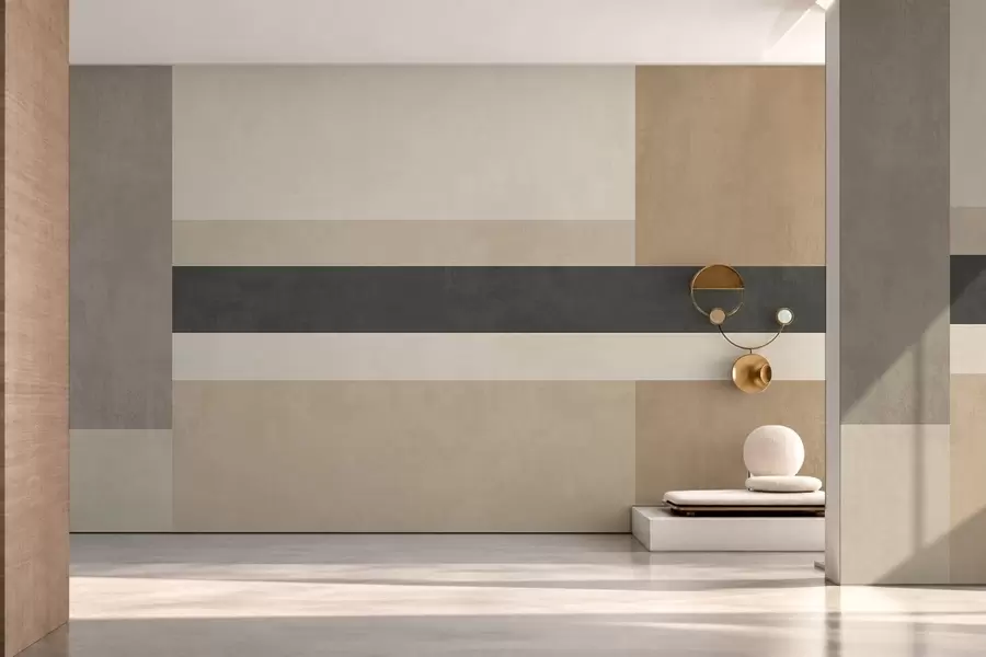 carta da parati Rettangoli astratti in calde tonalità di beige con una striscia scura nr. w05890