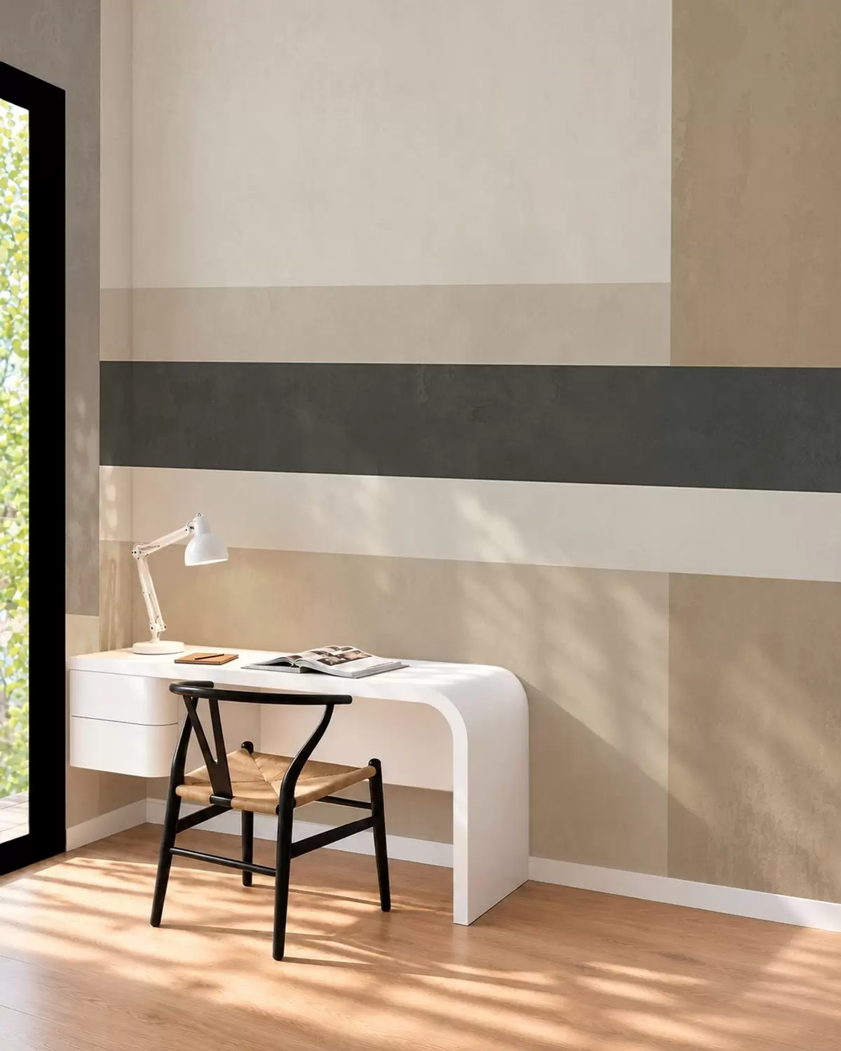 carta da parati Rettangoli astratti in calde tonalità di beige con una striscia scura nr. w05890