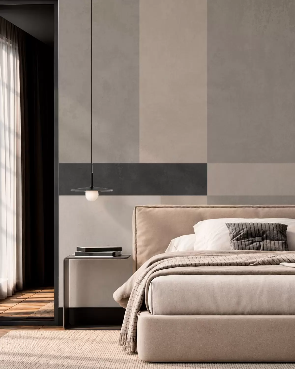 carta da parati Geometria astratta con blocchi beige e grigi e una striscia scura nr. w05891