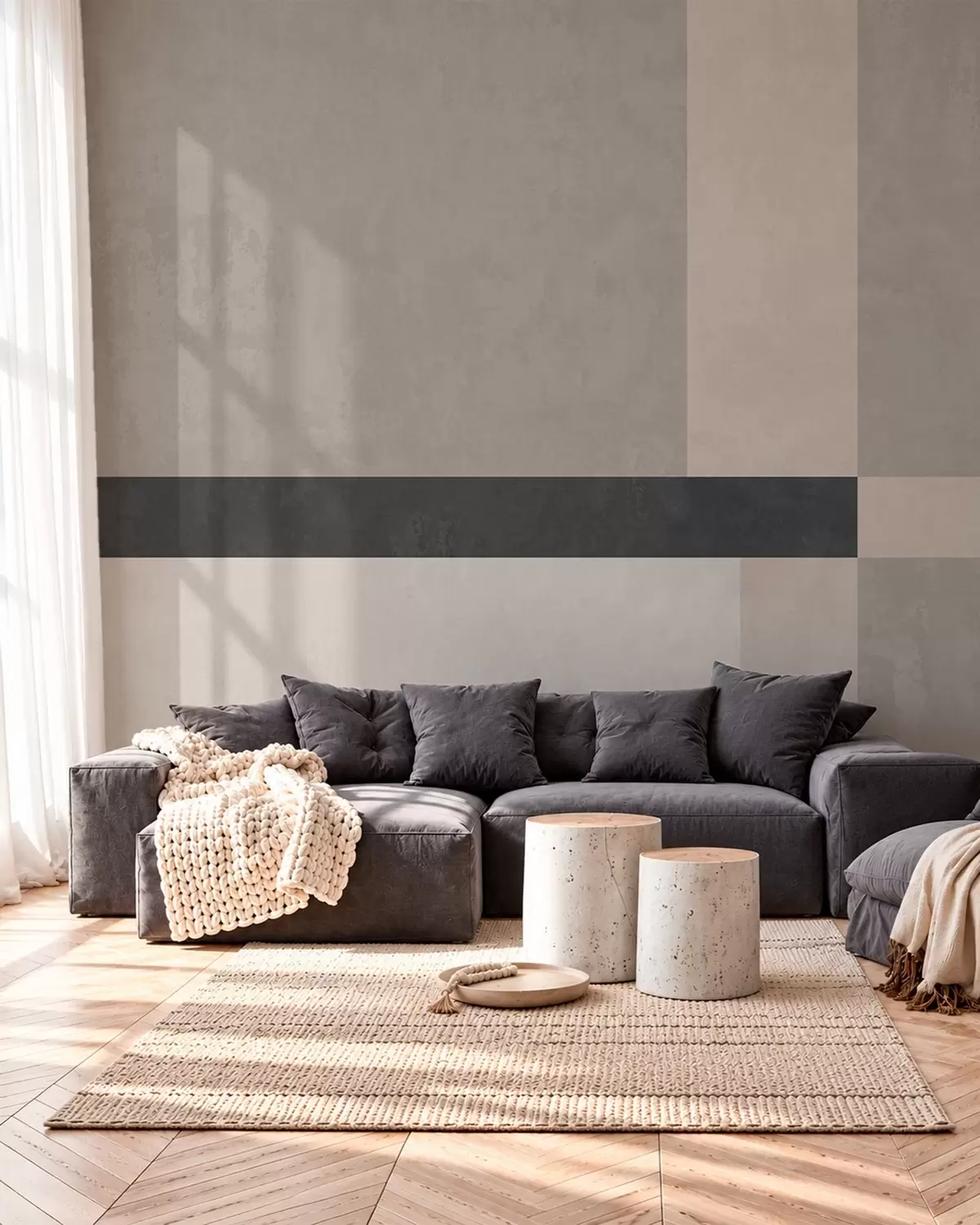 carta da parati Geometria astratta con blocchi beige e grigi e una striscia scura nr. w05891