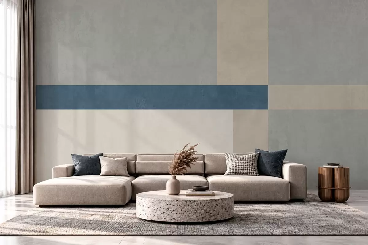 carta da parati Blocchi geometrici nei toni del grigio e del beige con una striscia blu nr. w05891v1