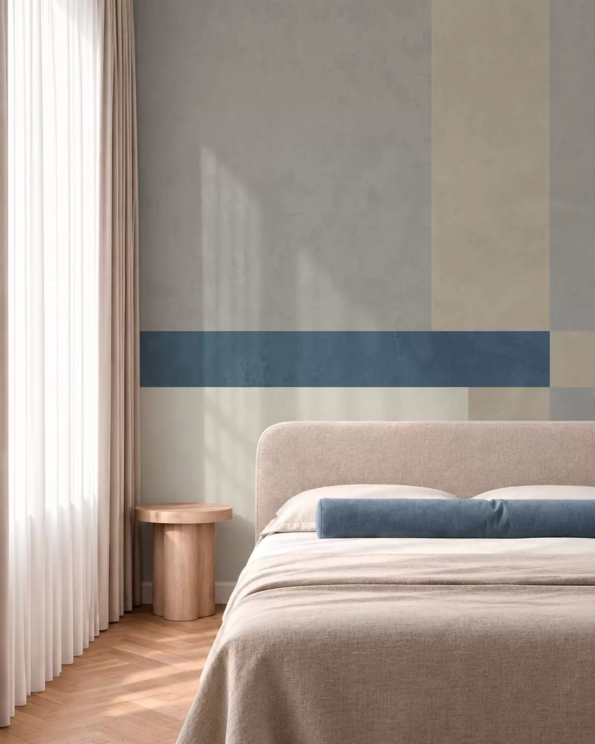carta da parati Blocchi geometrici nei toni del grigio e del beige con una striscia blu nr. w05891v1