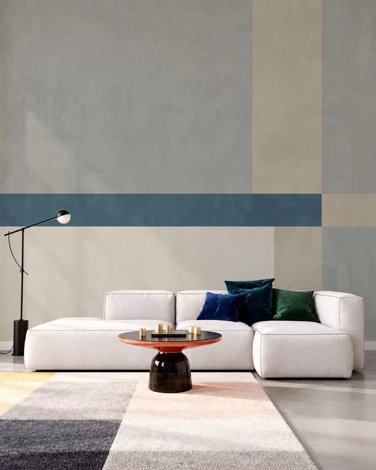 carta da parati Blocchi geometrici nei toni del grigio e del beige con una striscia blu nr. w05891v1