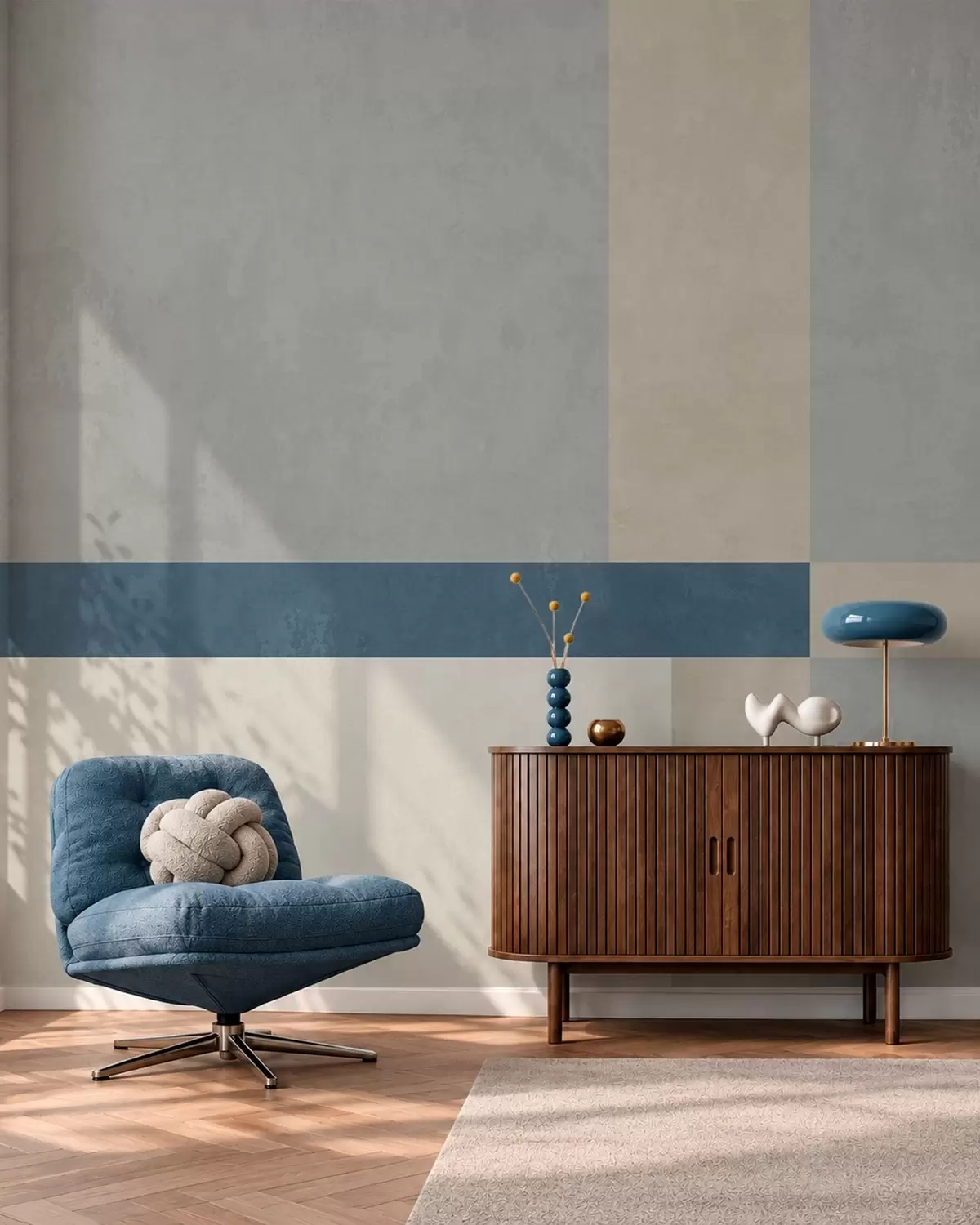 carta da parati Blocchi geometrici nei toni del grigio e del beige con una striscia blu nr. w05891v1