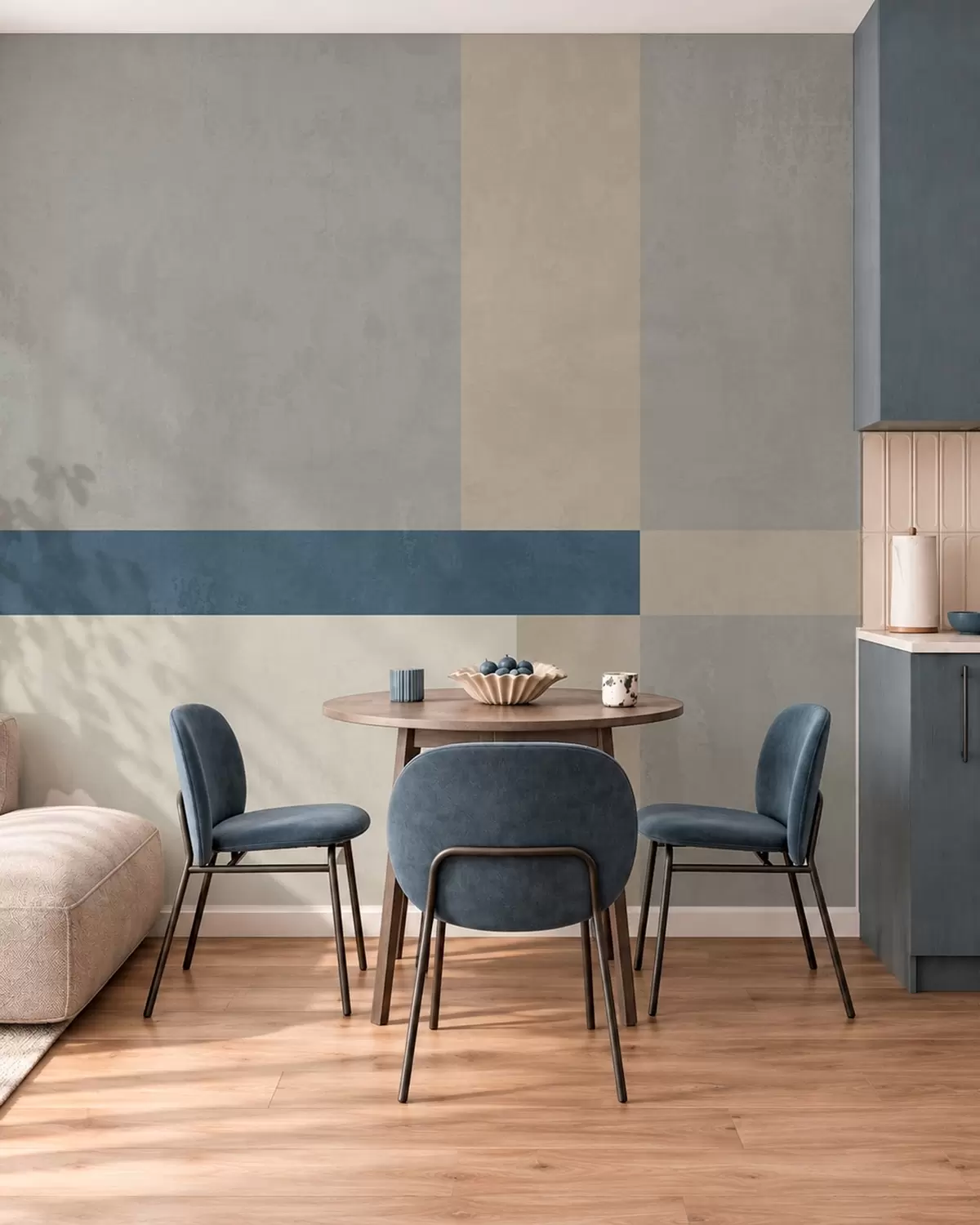 carta da parati Blocchi geometrici nei toni del grigio e del beige con una striscia blu nr. w05891v1