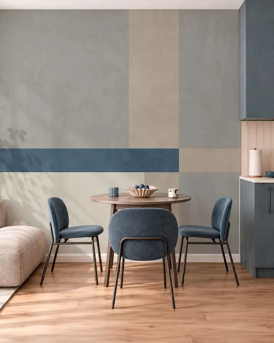 carta da parati Blocchi geometrici nei toni del grigio e del beige con una striscia blu nr. w05891v1