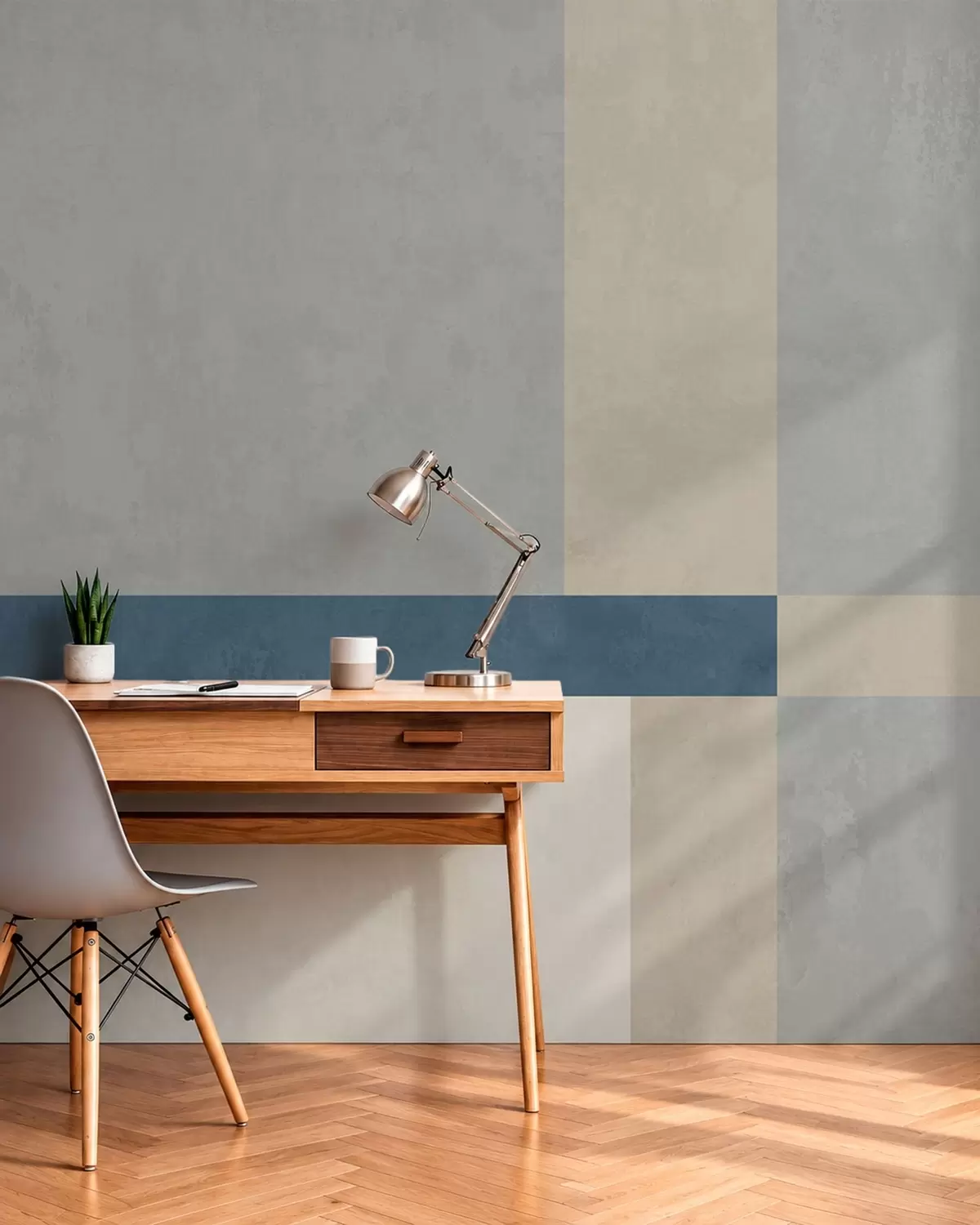 carta da parati Blocchi geometrici nei toni del grigio e del beige con una striscia blu nr. w05891v1