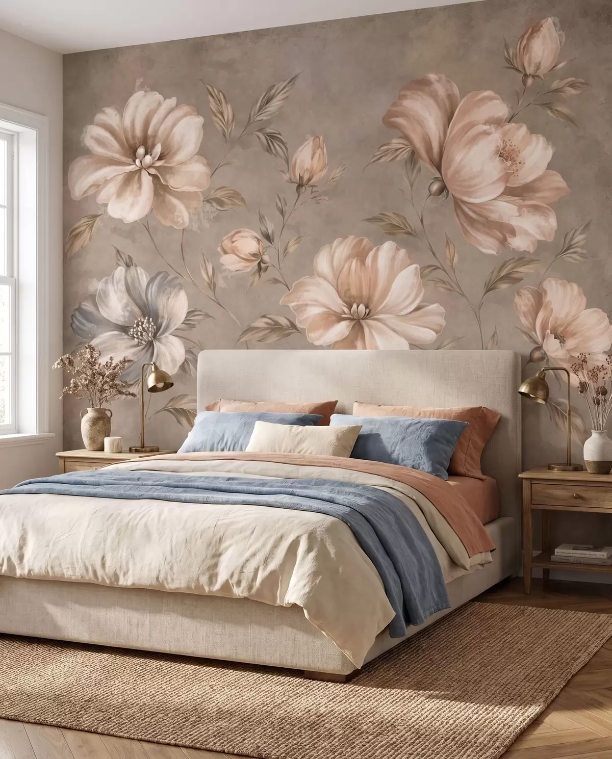 carta da parati Grandi fiori color crema e beige con foglie nr. w05958