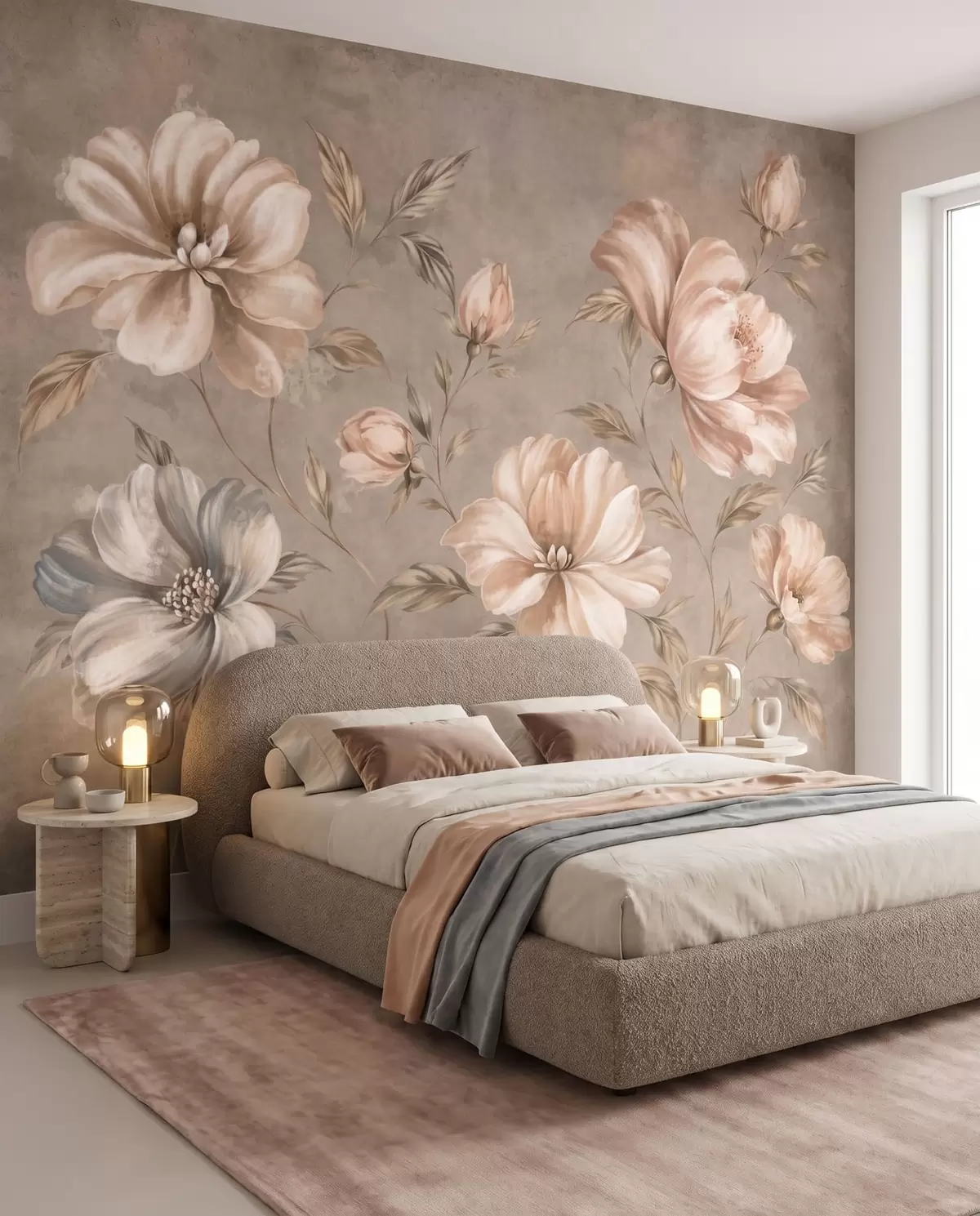 carta da parati Grandi fiori color crema e beige con foglie nr. w05958
