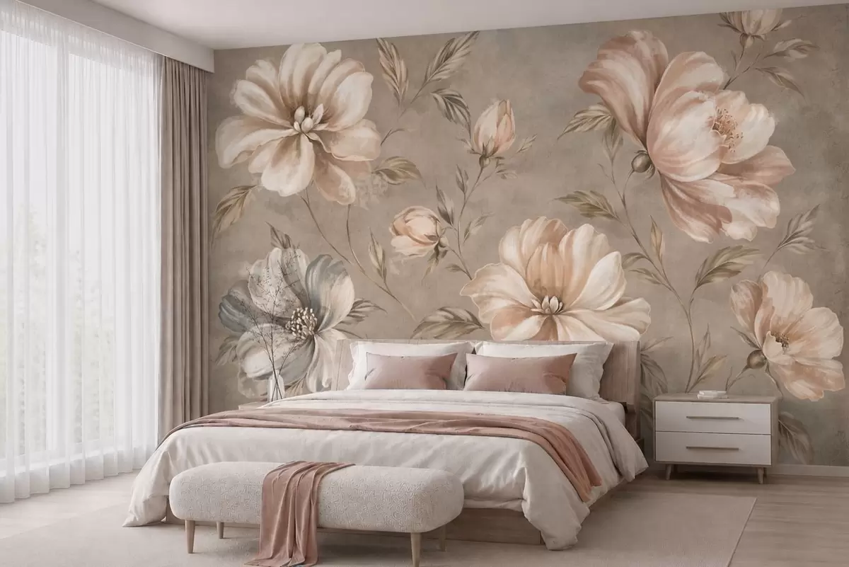 carta da parati Grandi fiori color crema e beige con foglie nr. w05958