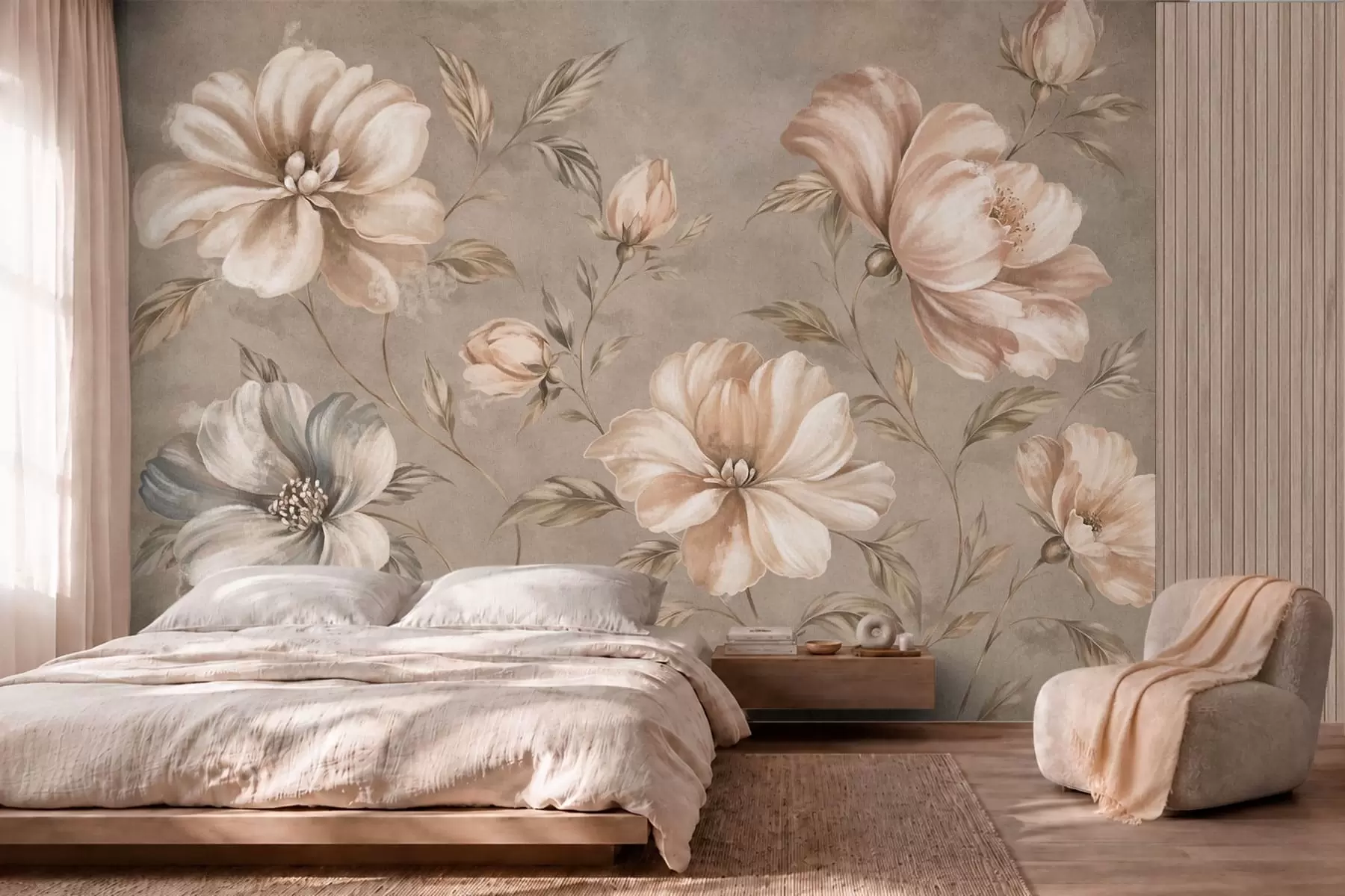 carta da parati Grandi fiori color crema e beige con foglie nr. w05958
