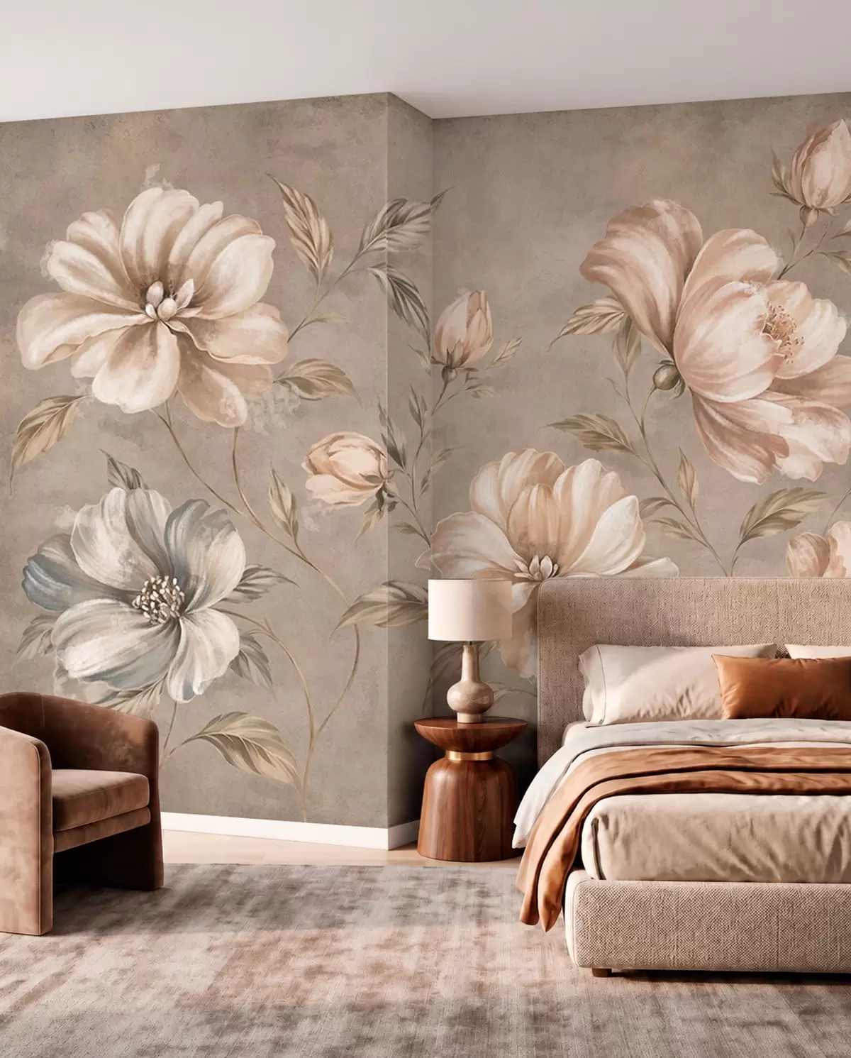 carta da parati Grandi fiori color crema e beige con foglie nr. w05958