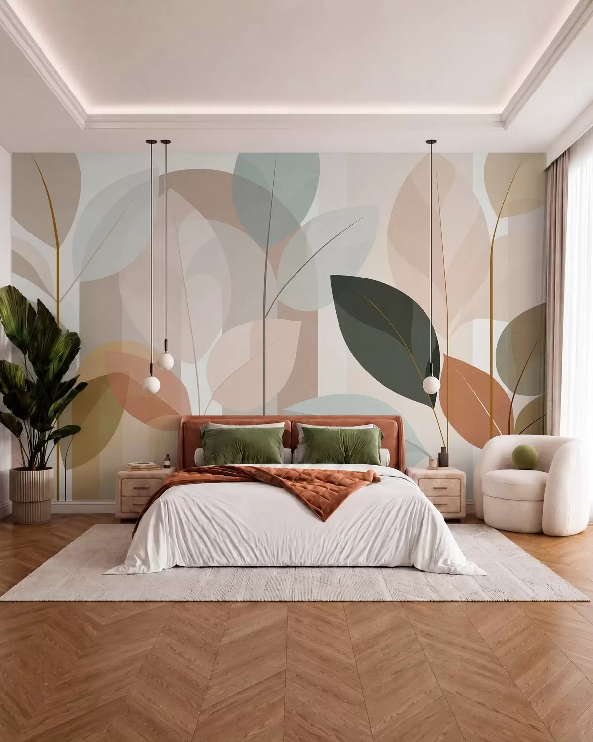 carta da parati un motivo astratto con foglie in stile intrecciato opaco, nei toni del beige, della terracotta e del pesca nr. w05986