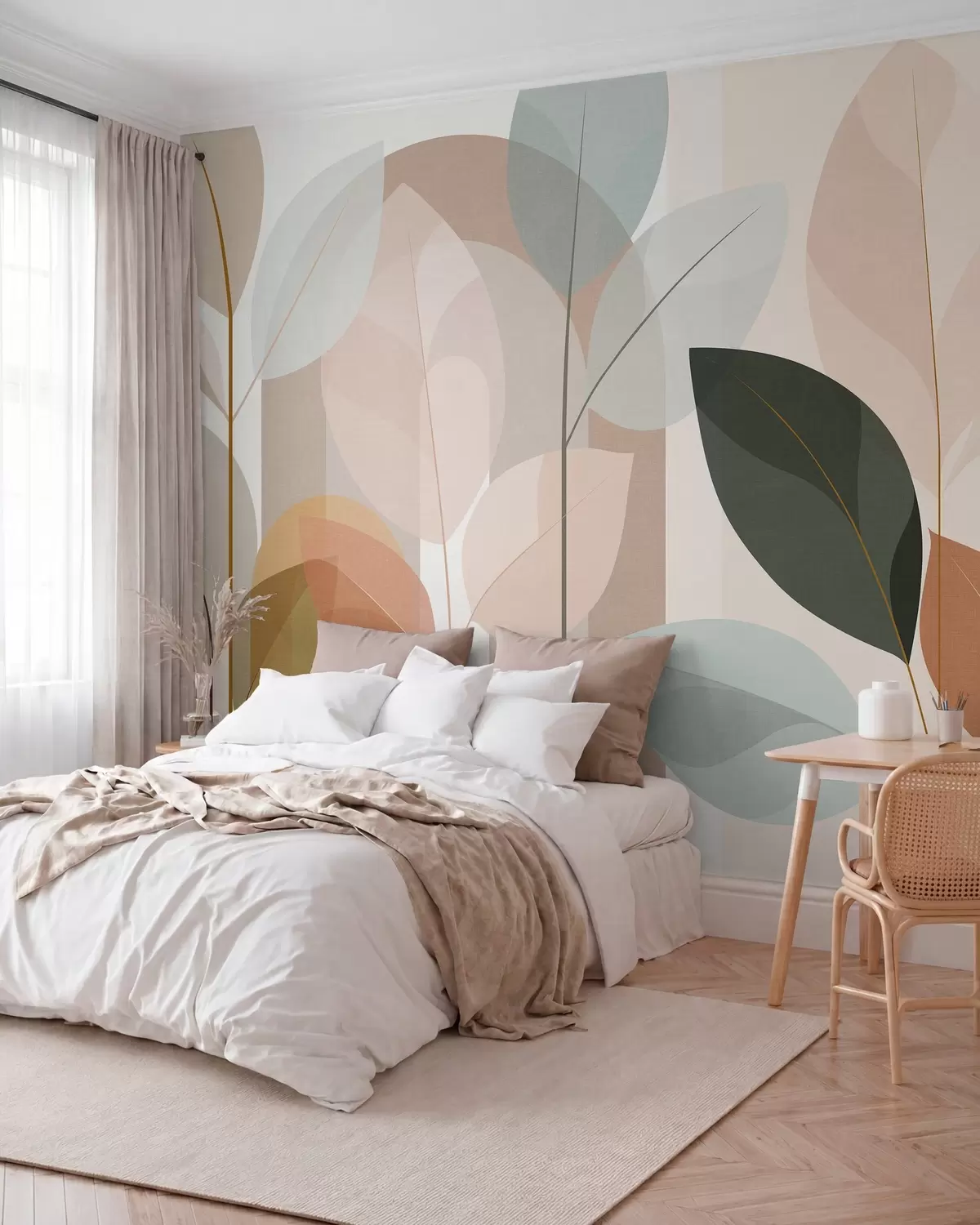 carta da parati un motivo astratto con foglie in stile intrecciato opaco, nei toni del beige, della terracotta e del pesca nr. w05986