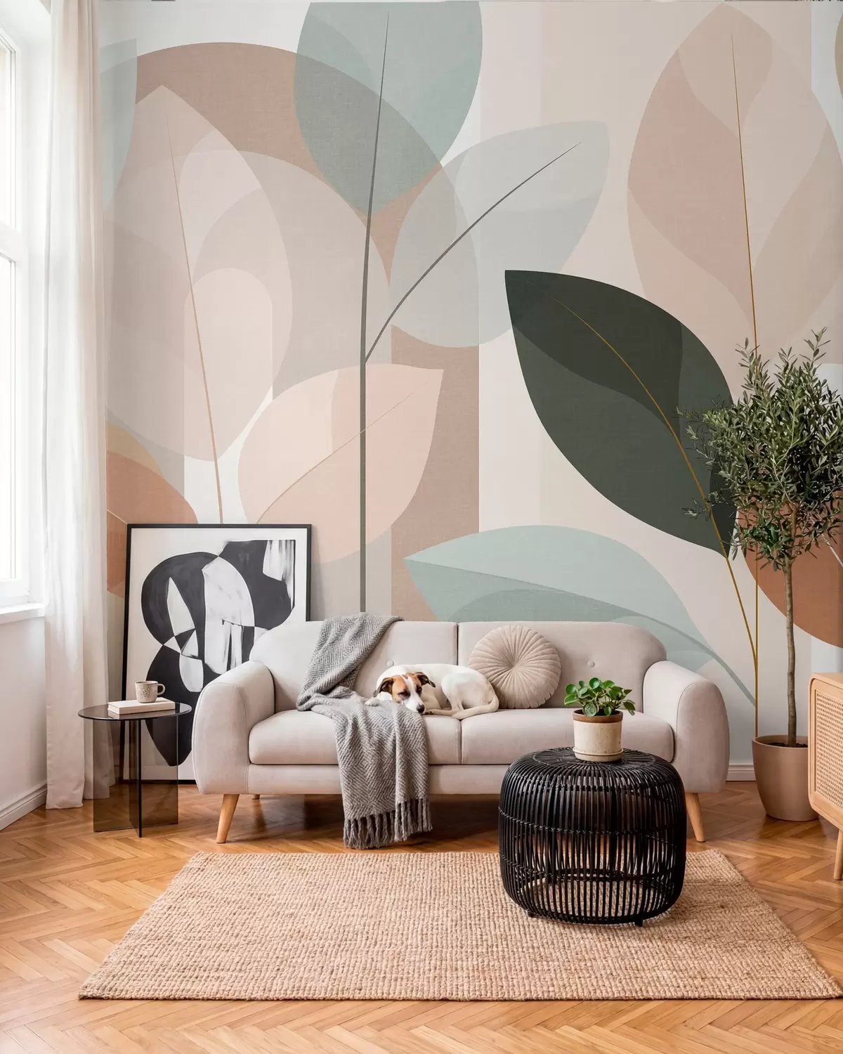 carta da parati un motivo astratto con foglie in stile intrecciato opaco, nei toni del beige, della terracotta e del pesca nr. w05986