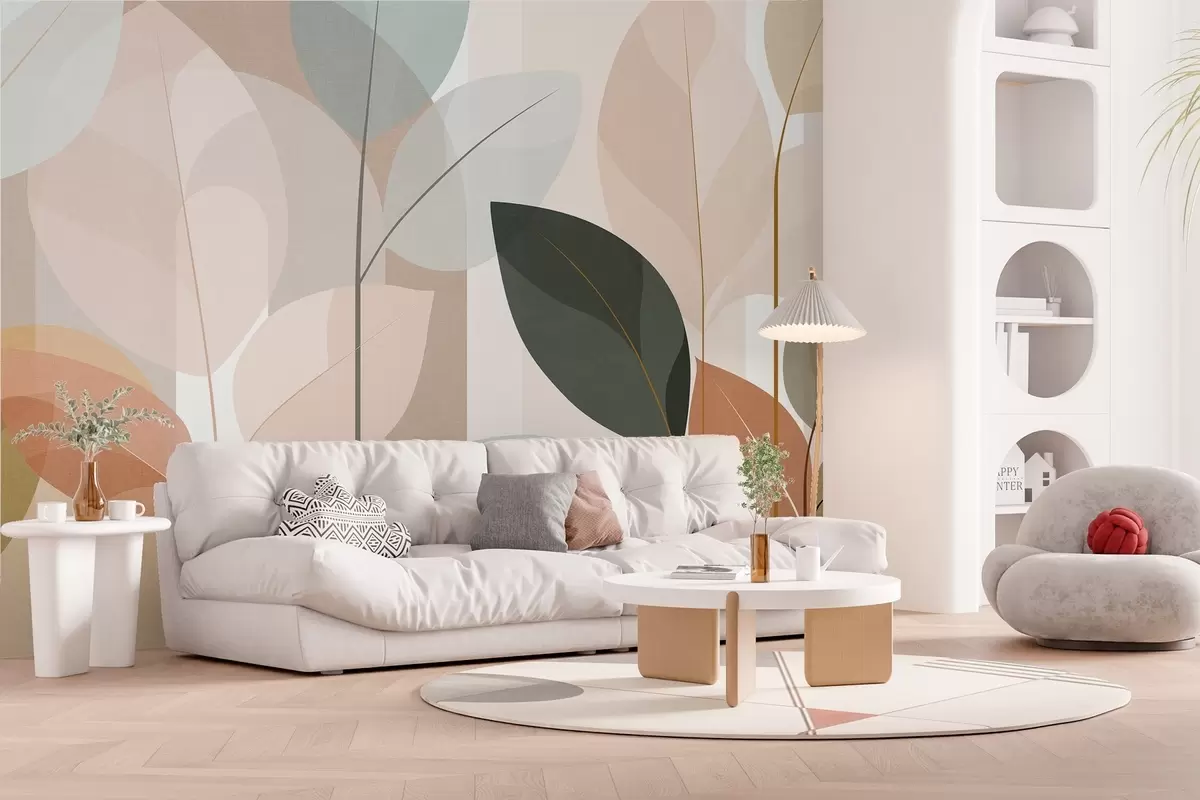 carta da parati un motivo astratto con foglie in stile intrecciato opaco, nei toni del beige, della terracotta e del pesca nr. w05986