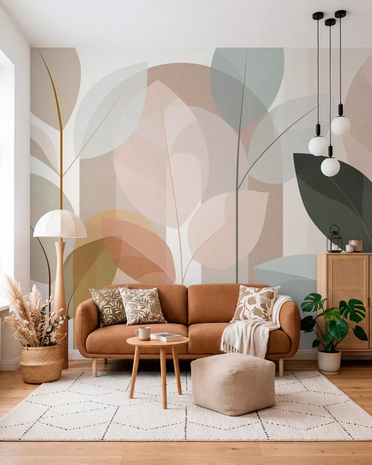 carta da parati un motivo astratto con foglie in stile intrecciato opaco, nei toni del beige, della terracotta e del pesca nr. w05986