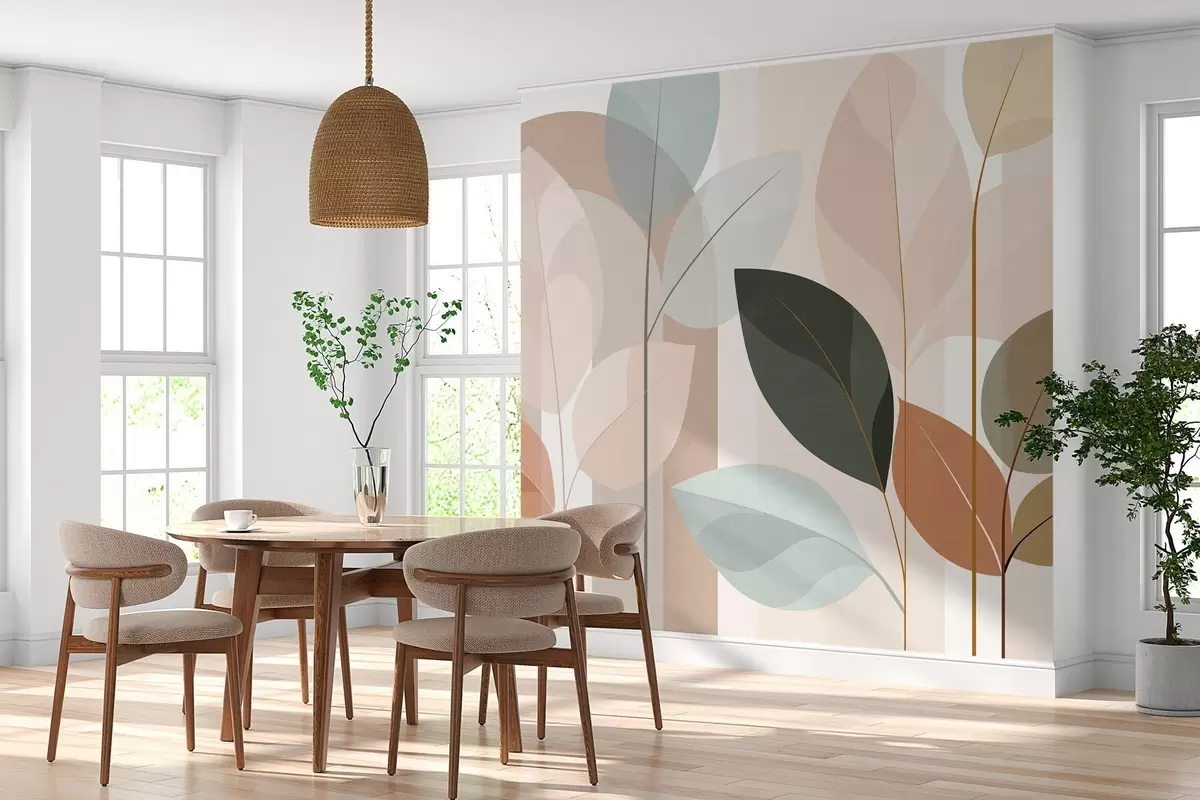 carta da parati un motivo astratto con foglie in stile intrecciato opaco, nei toni del beige, della terracotta e del pesca nr. w05986