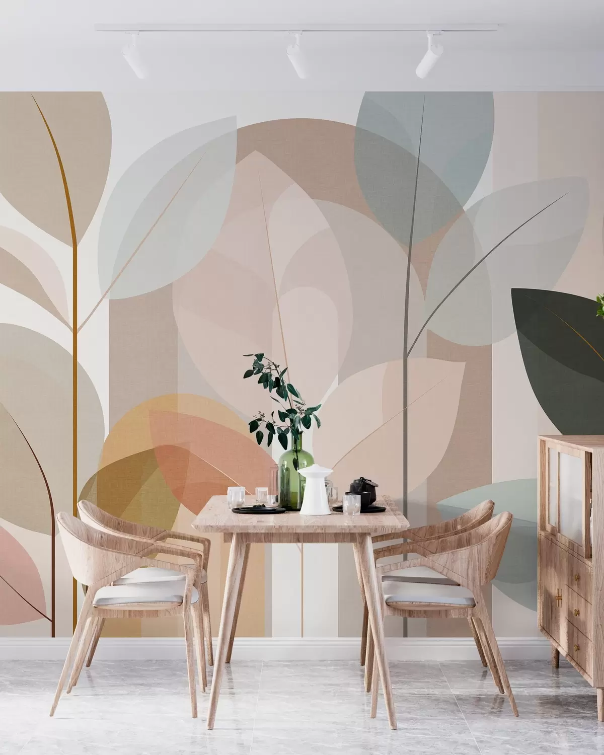 carta da parati un motivo astratto con foglie in stile intrecciato opaco, nei toni del beige, della terracotta e del pesca nr. w05986