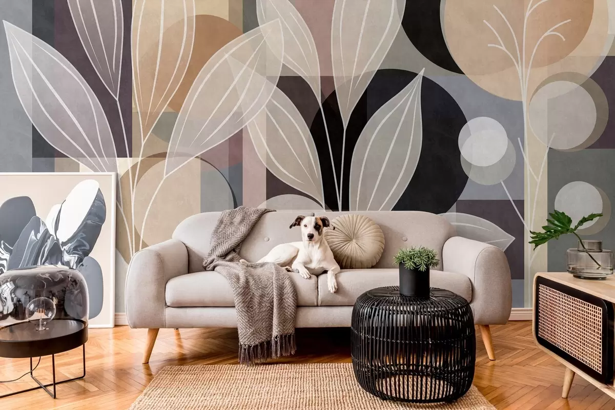 carta da parati foglie stilizzate su uno sfondo geometrico nei toni del beige e dei colori scuri nr. w05987