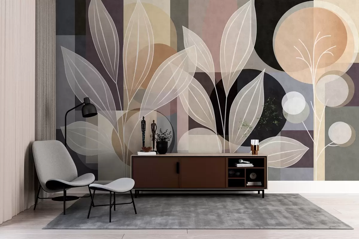 carta da parati foglie stilizzate su uno sfondo geometrico nei toni del beige e dei colori scuri nr. w05987