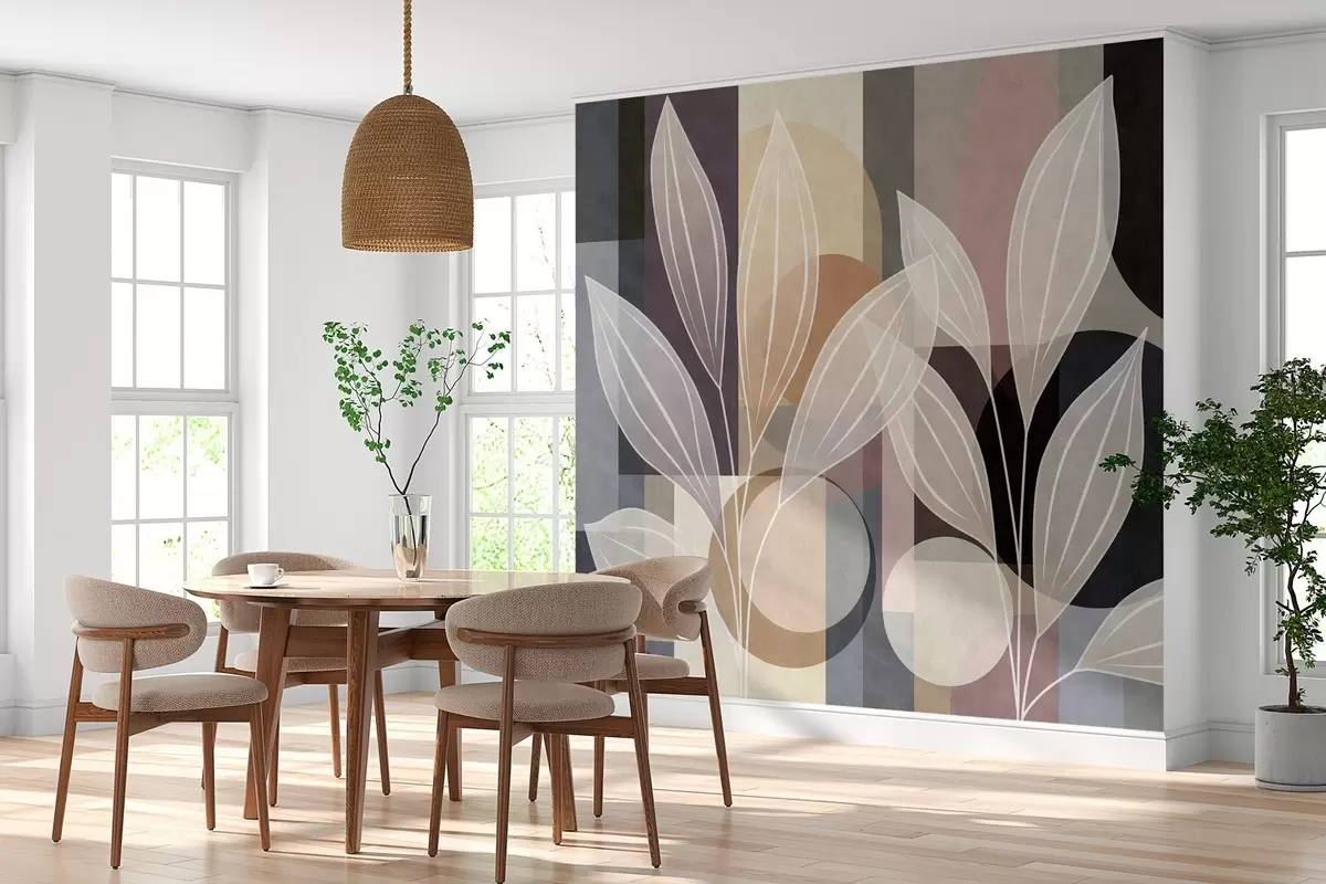 carta da parati foglie stilizzate su uno sfondo geometrico nei toni del beige e dei colori scuri nr. w05987