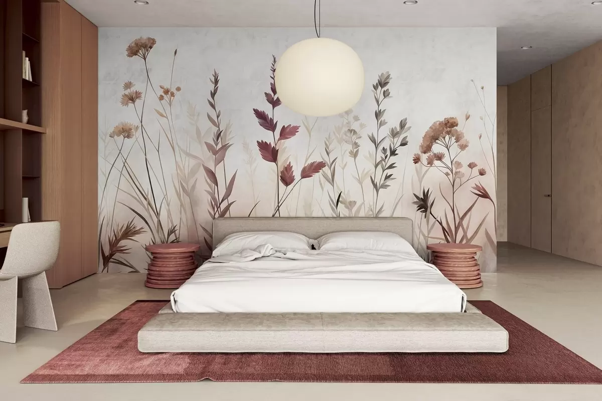 carta da parati Alte erbe selvatiche e fiori di campo dai tenui toni terrosi, estetica minimalista nr. w10084
