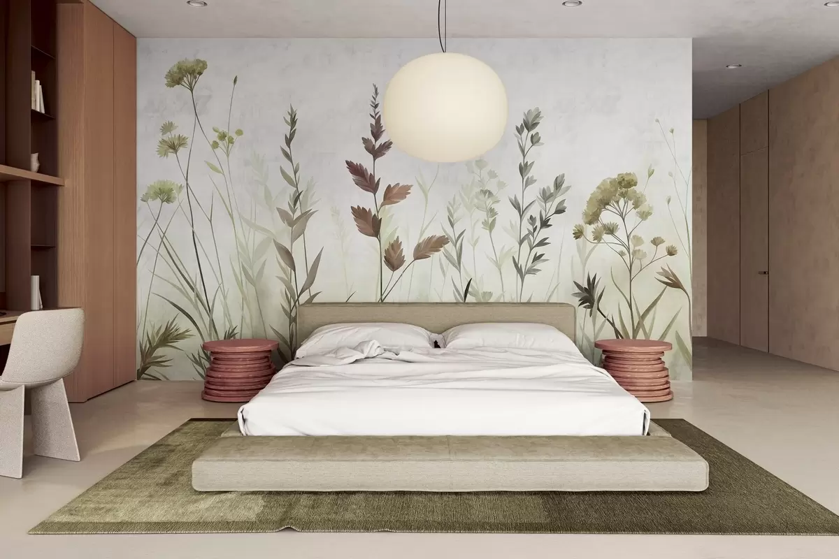 carta da parati Alte erbe selvatiche e fiori di campo dai tenui toni di verde, estetica minimalista nr. w10084v1