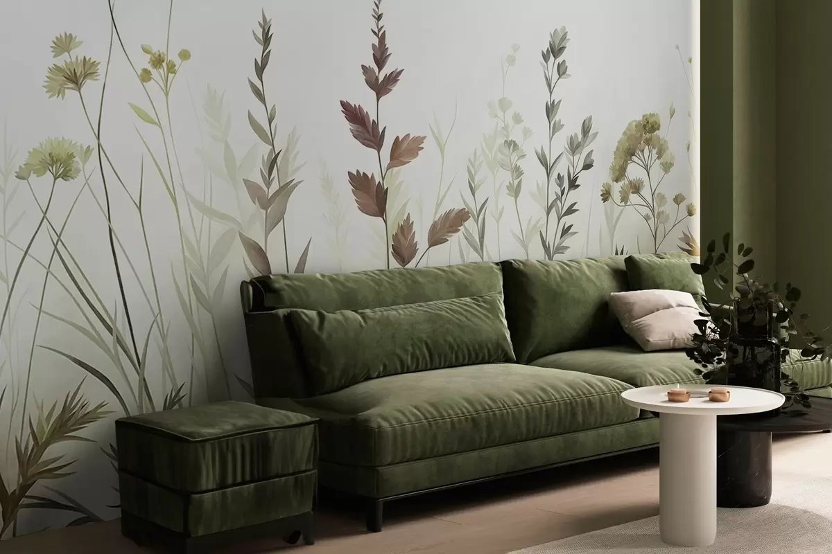 carta da parati Alte erbe selvatiche e fiori di campo dai tenui toni di verde, estetica minimalista nr. w10084v1