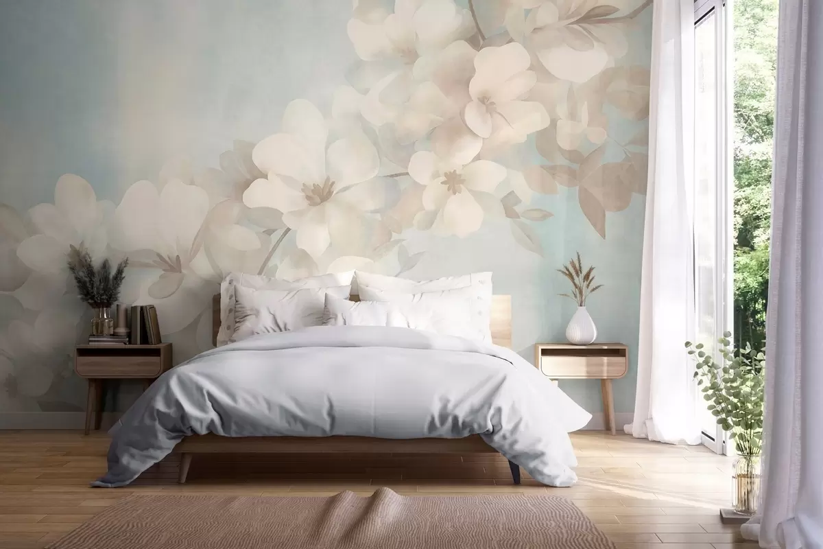carta da parati Fiori bianchi su un ramo, tenui colori pastello, sfondo azzurro con effetto materico nr. w10107